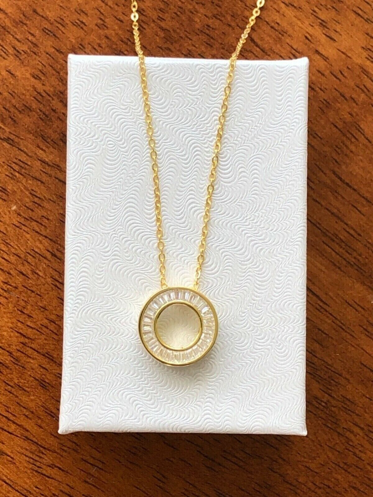 925 Sterling Silver CZ Gold Baguette Circle Pendant Necklace Women 13mm 17.75″