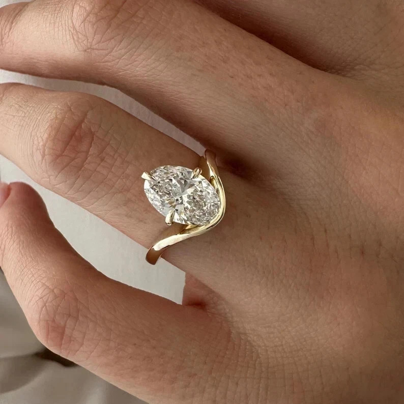 Women Diamond Ring Lab Grown 2 Ct Oval Cut 14k Yellow Gold IGI Certified VVS E F