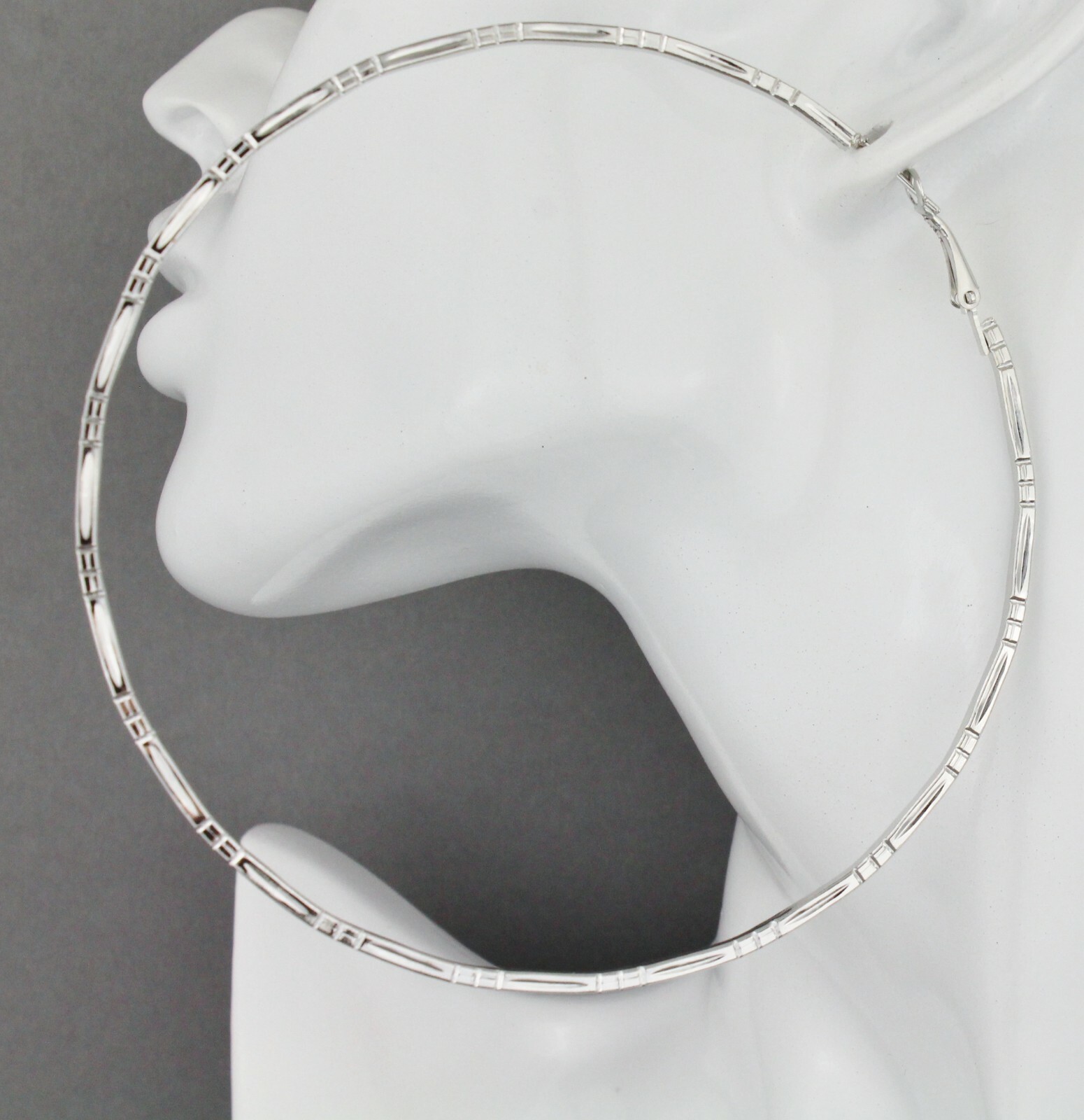 Silver hoop earrings 3 7/8″ wide big Large hoops textured pattern leverback
