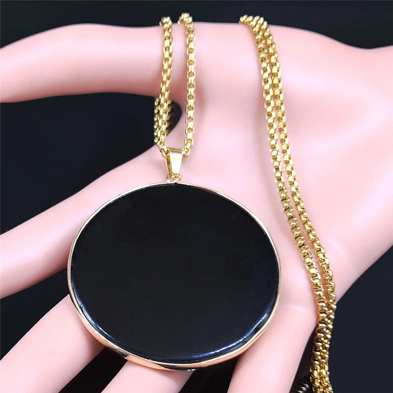 Black Obsidian Scrying Disc Gold Stainless Steel Occult Witches Prophecy Pendant