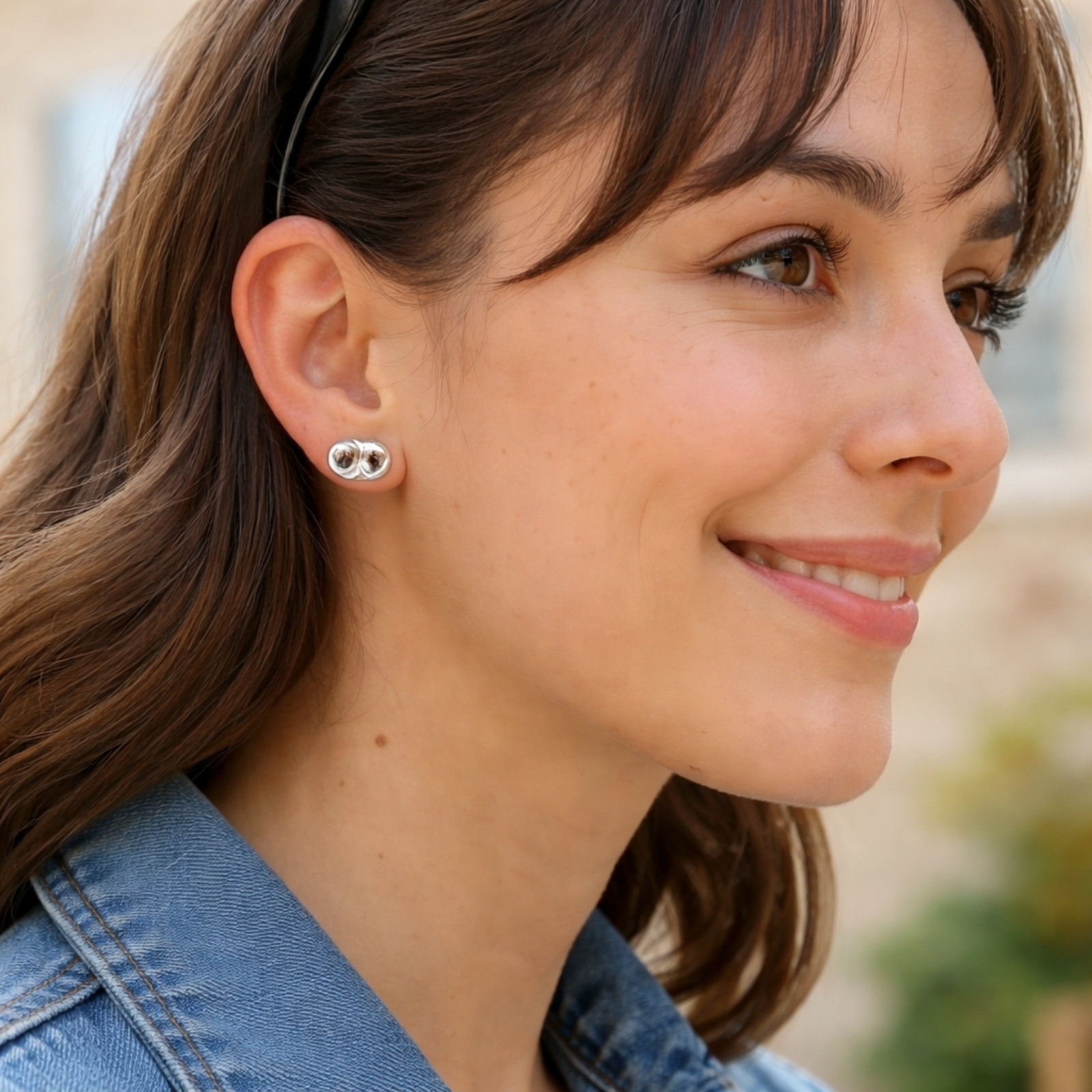 925 Sterling Silver Puffed Mariner Stud Earrings Link Women Earring