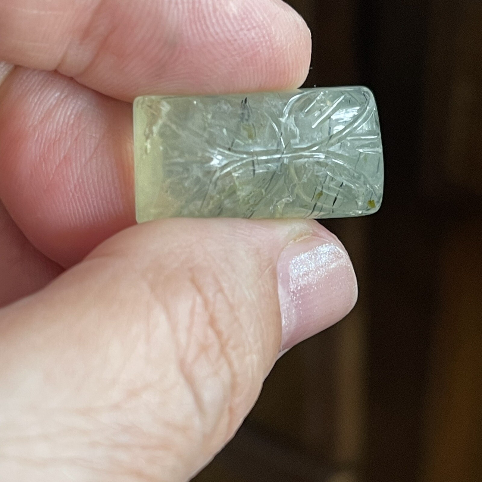 26.3×13.2×7.6mm Carved Rectangle Pale Green Prehnite Cabochon Loose Stone