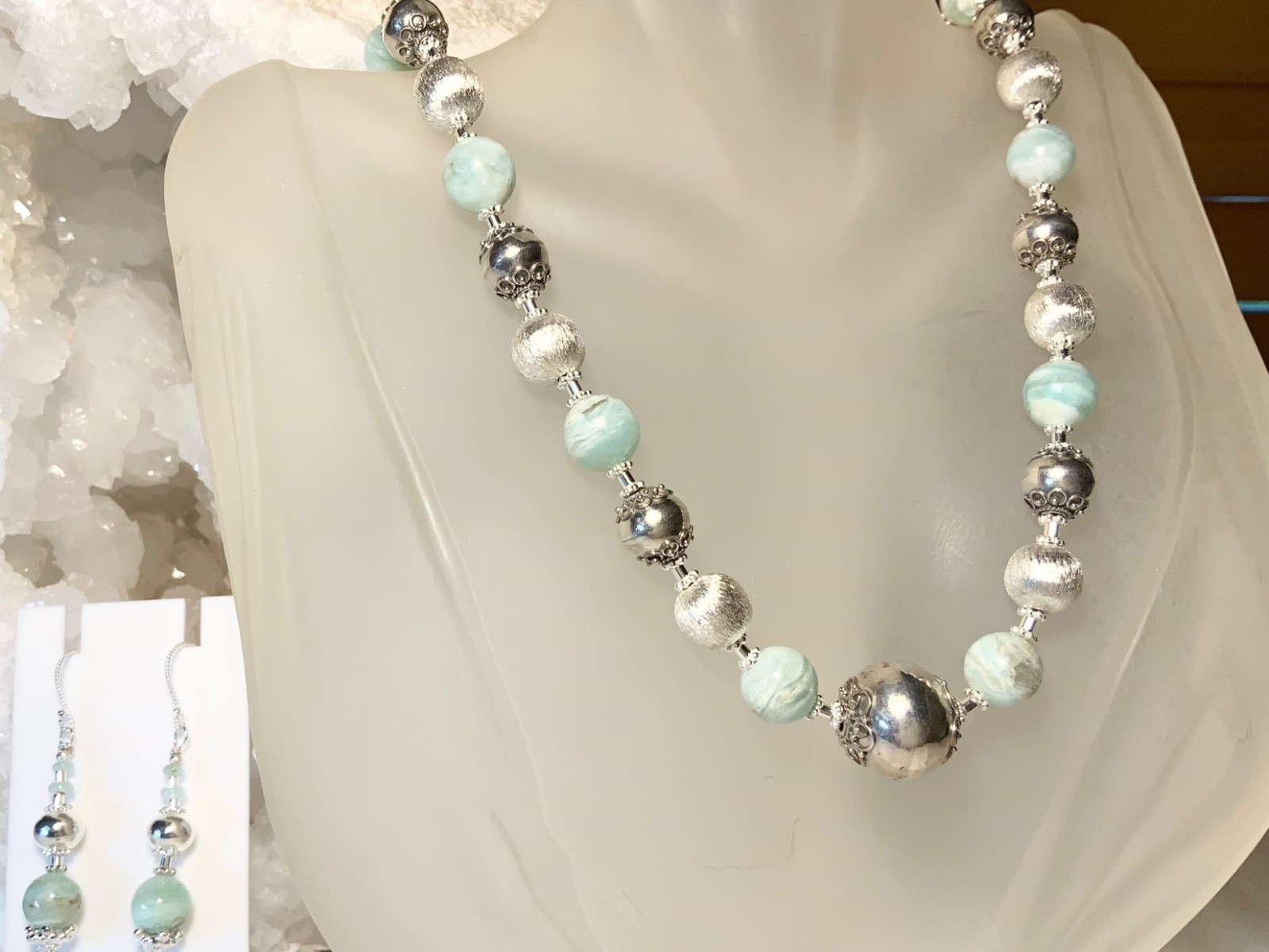 SS .925 BLUE PERUVIAN OPAL NECKLACE & EARRINGS AND SET