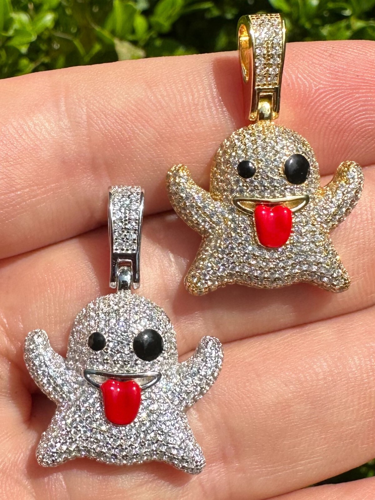 Real 925 Sterling Silver Gold Plated Snapchat Laughing Ghost Piece Pendant CZ
