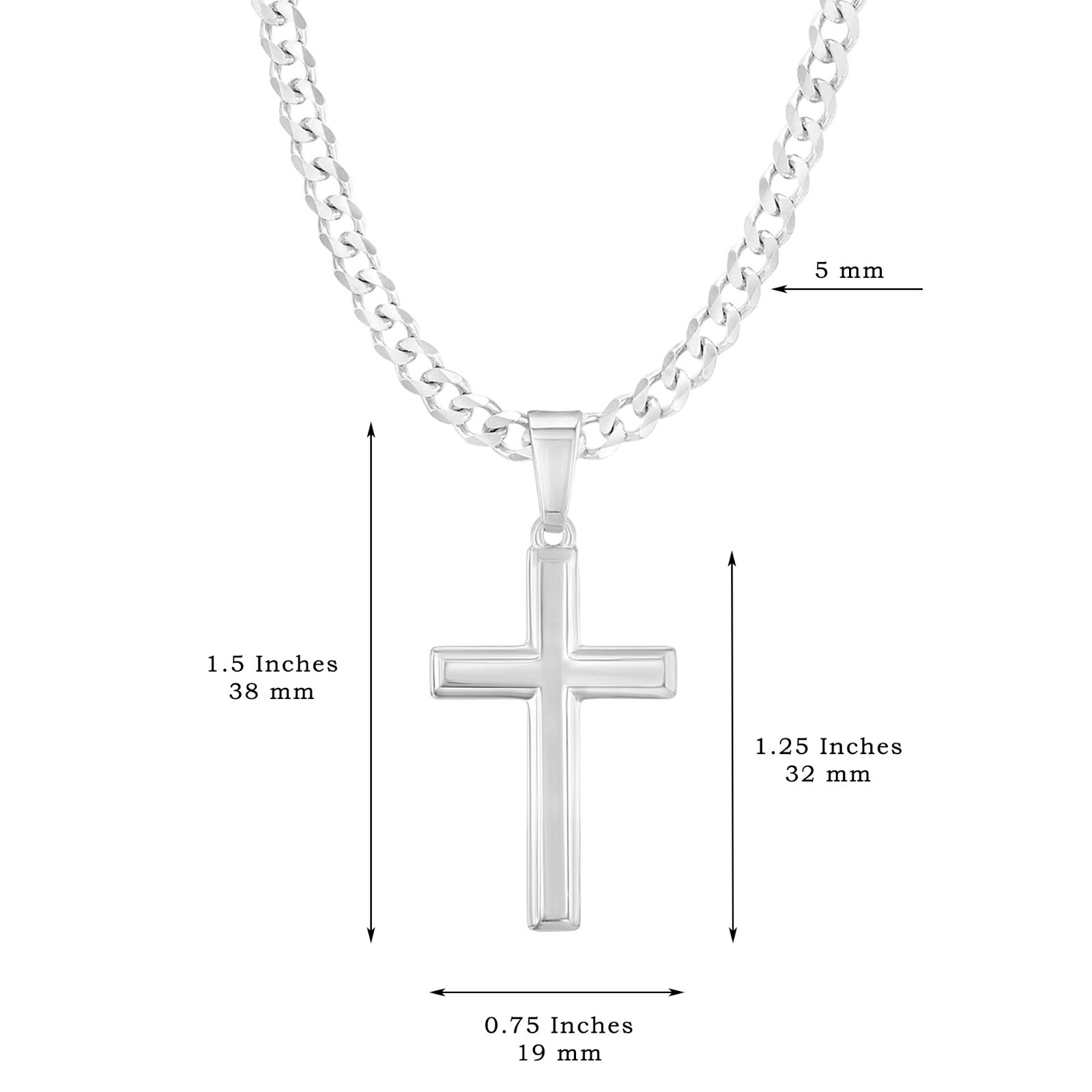 Mens Solid Sterling Silver Traditional Cross Necklace Italian Curb Chain Gift