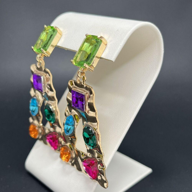 Door Knocker Earrings Gold Tone Pierced Rhinestones Colorful Mogul Hammered