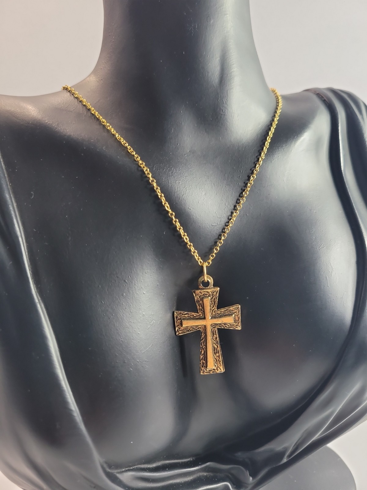 Gold Tone Textured Cross Pendant Necklace Religious Christian Jewelry