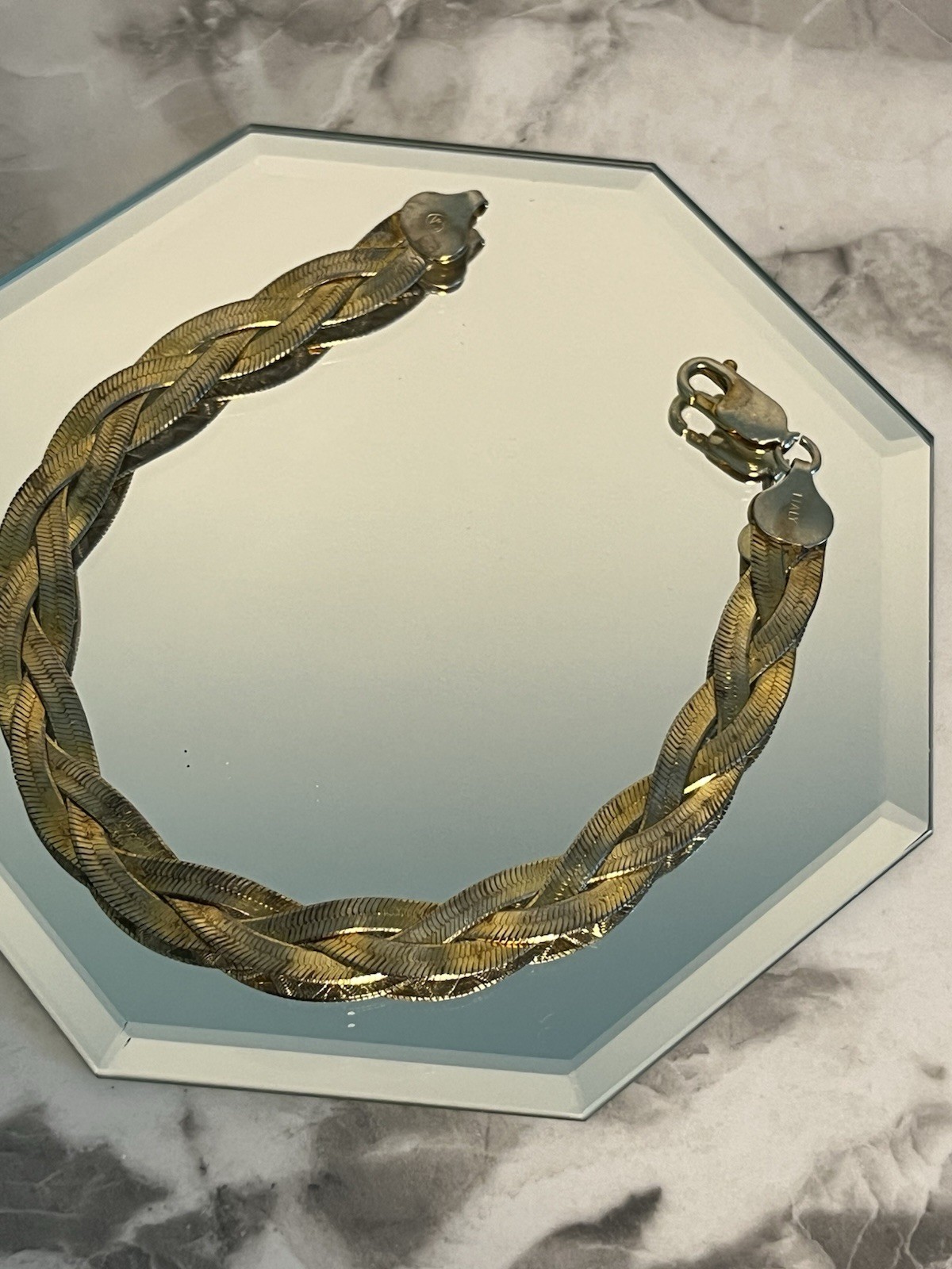 7 In Braided Double Sided Herringbone( 925) Gold Tone Bracelet 9g Made In Italy