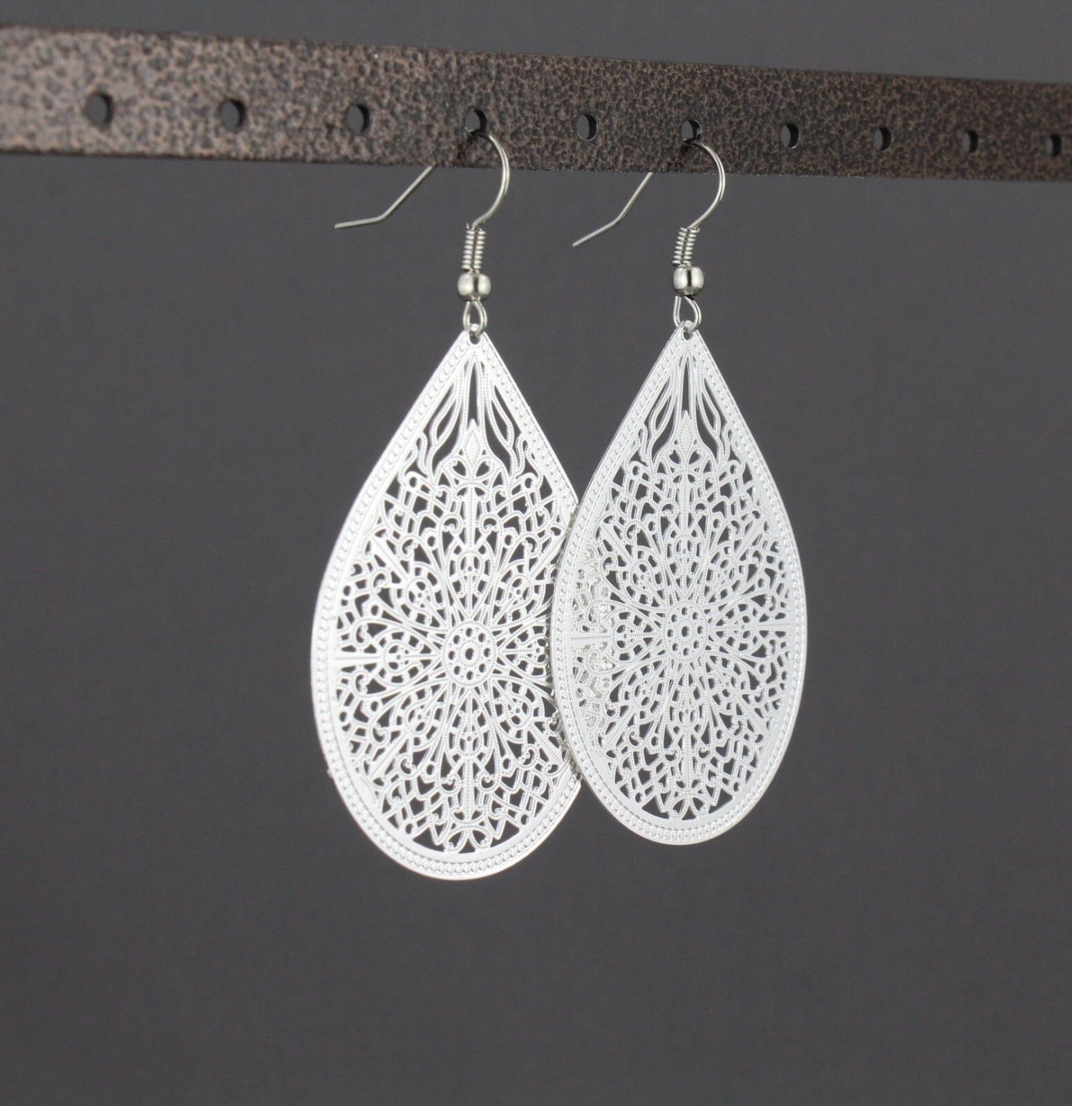 Silver earrings teardrop dangle shiny VERY lightweight filigree 2.5″ long