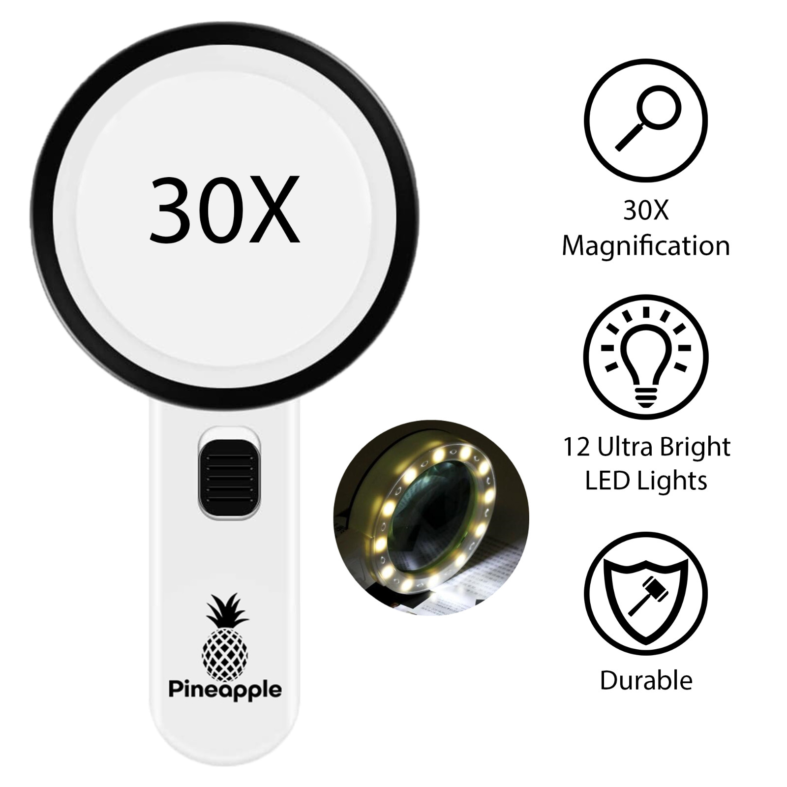 Magnifying Glass with Light 30X Handheld Magnifier Large Reading Aid LED Big