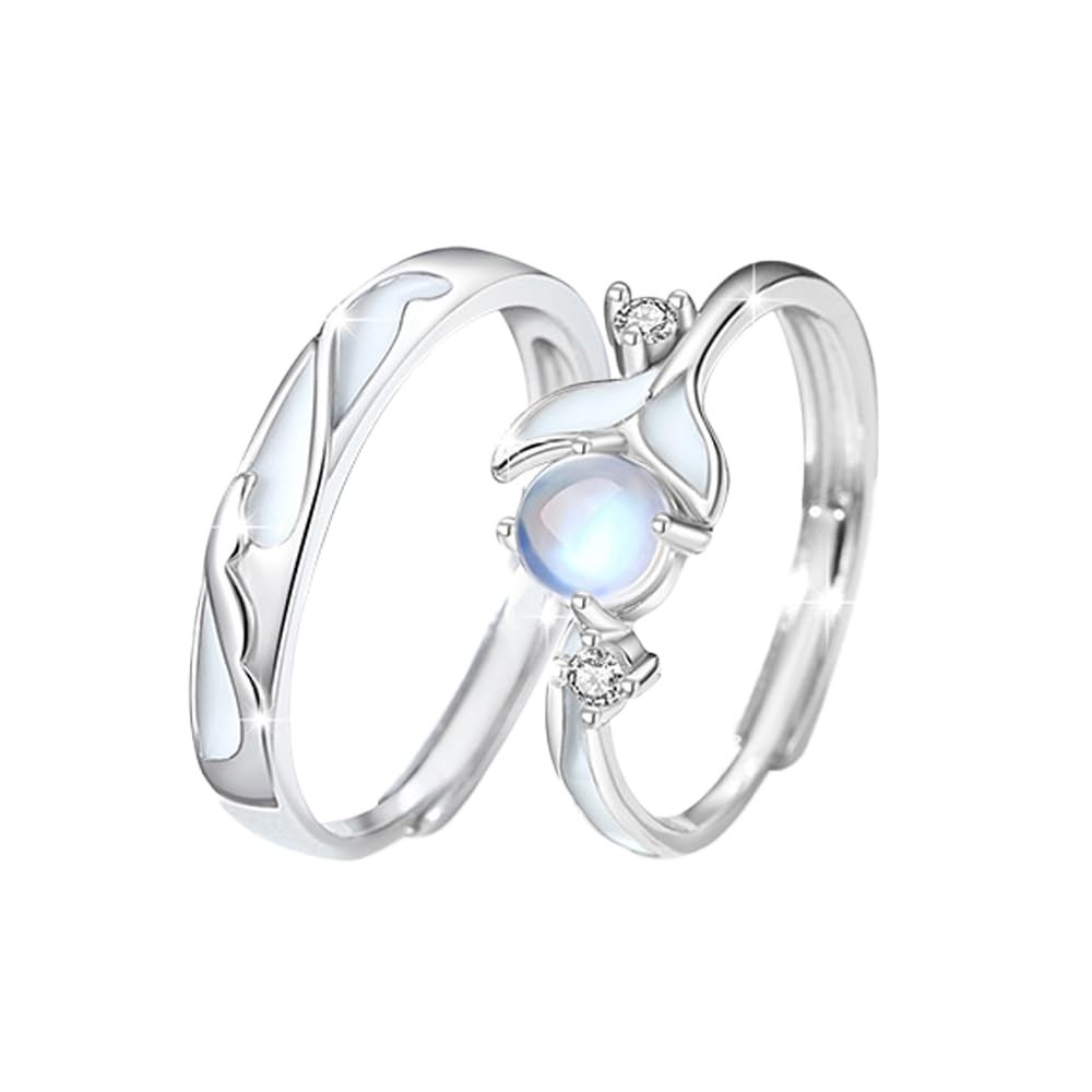 Adjustable Moonstone Silver Promise Rings Set for Couples – Matching Gift for Hi