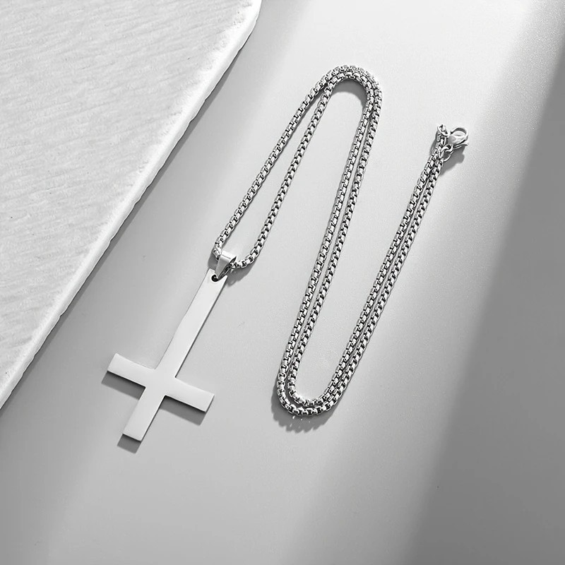 Silver Saint Peter’s Cross Necklace Inverted Stainless Steel Pendant Punk Goth