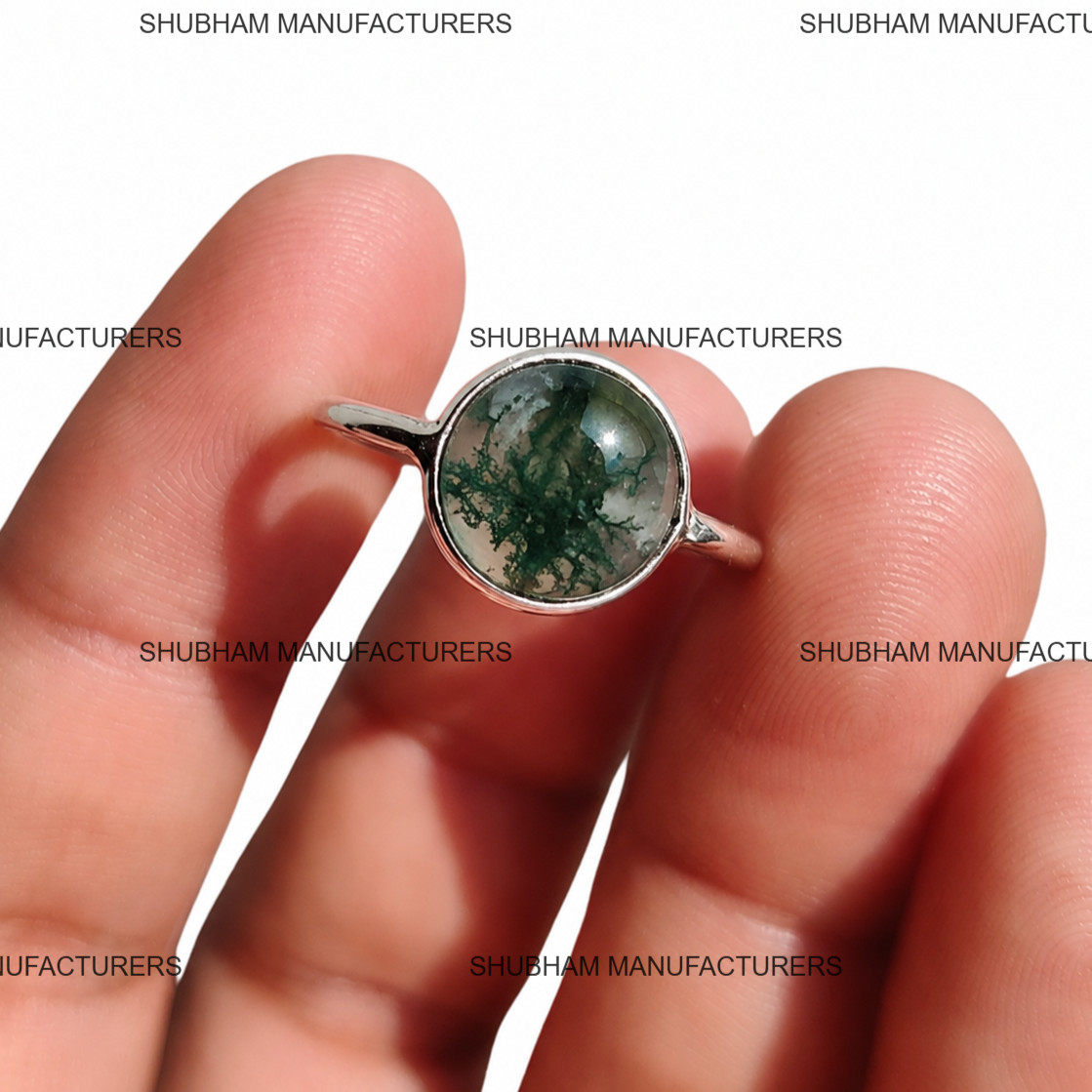 Natural Moss Agate Ring 925 Solid Silver Ring Cabochon Gemstone Jewelry Gift Her