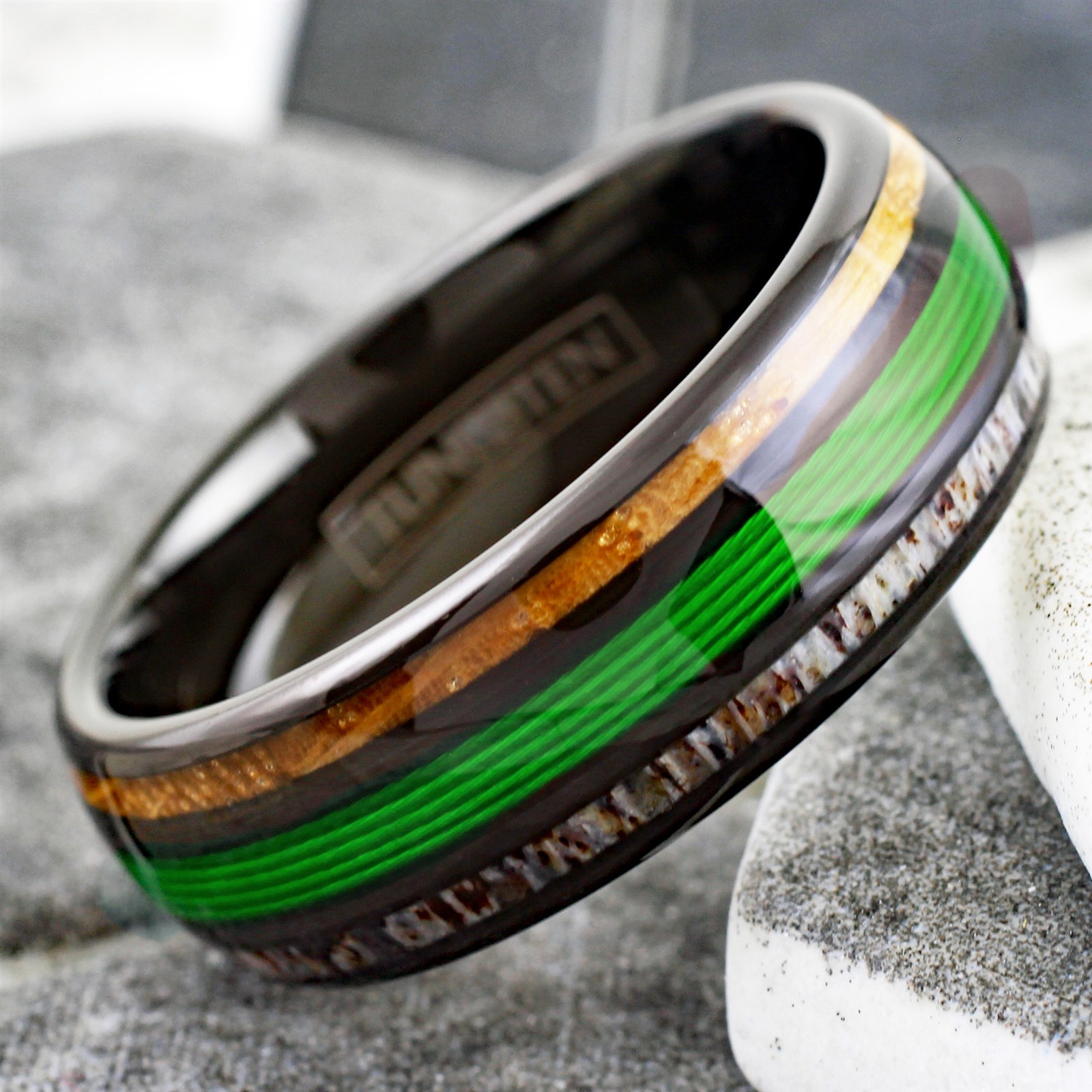 Black Tungsten Carbide Ring Green Fishing Line-Whiskey Barrel & Deer Antler Band