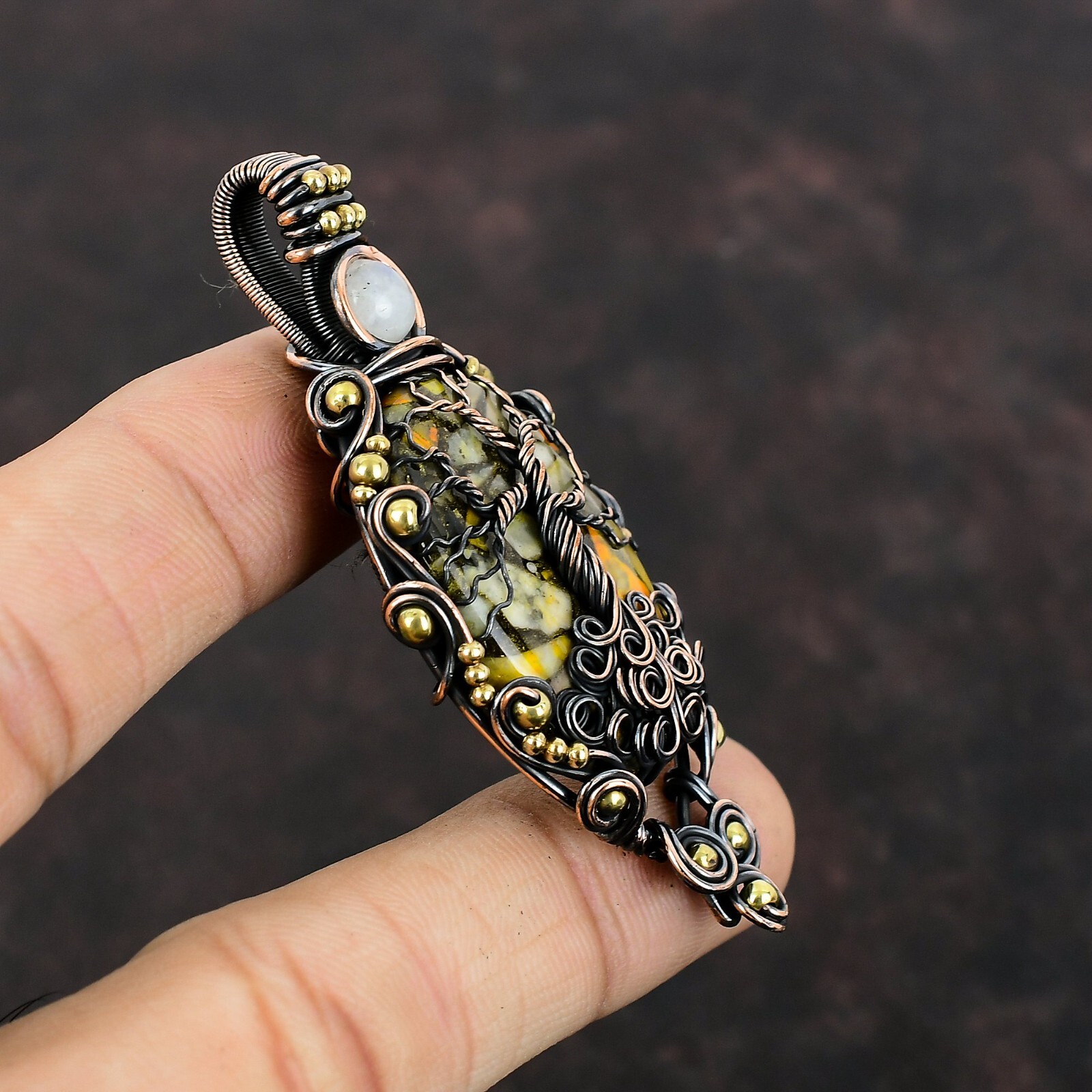 Bumble Bee Jasper Copper Gift For Friend Wire Wrapped Tree Of Life Pendant 2.76″