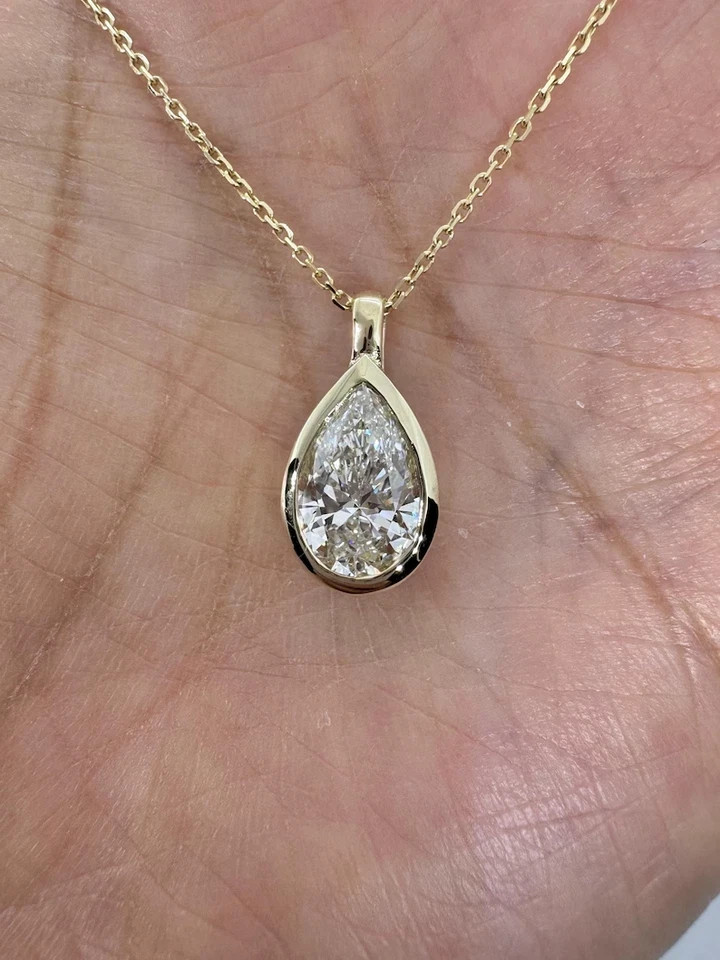 2Ct Pear Cut Moissanite Tear Drop Bezel Solitaire Pendant 14K Yellow Gold Plated