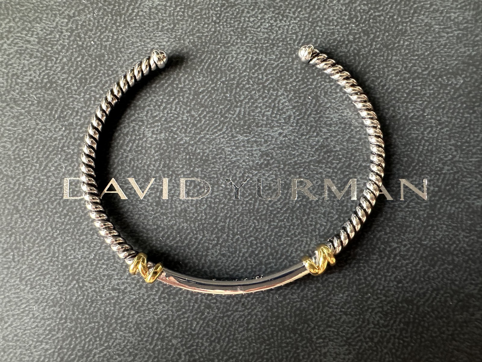 David Yurman Classic Cable Two Tone 925 Silver 18K Gold Diamond Cuff Bangle 21cm