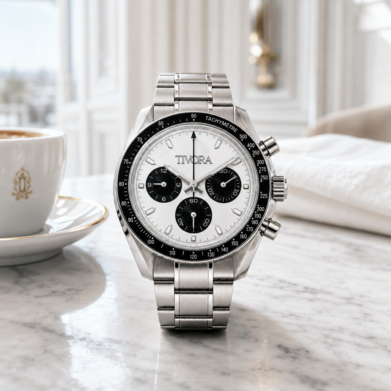 TÍVORÁ Veyron Argent Steel Frost Dial – Custom Branded Automatic Chronograph Wat