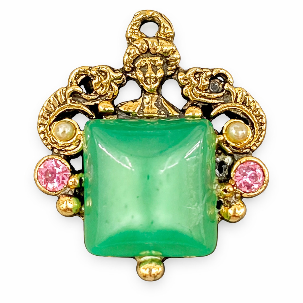 Asian Style Gold Tone Geisha Faux Jade Stone Rhinestone Accents Charm Pendant