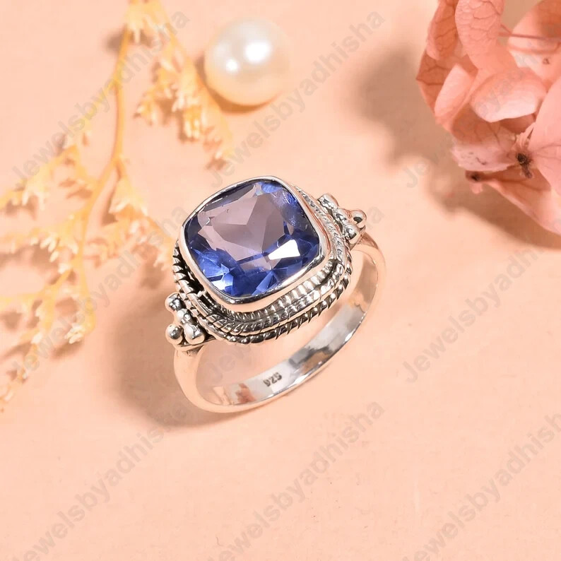 Blue Sapphire Ring 925 Sterling Silver Band& Statement Handmade Ring All Size
