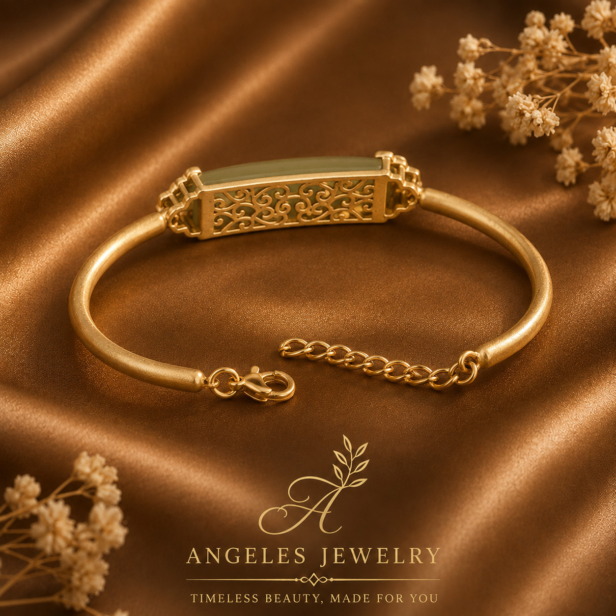 Green Jade Bangle Jade Charm Bracelet 18K Gold Plated Chain Dainty Gemstone