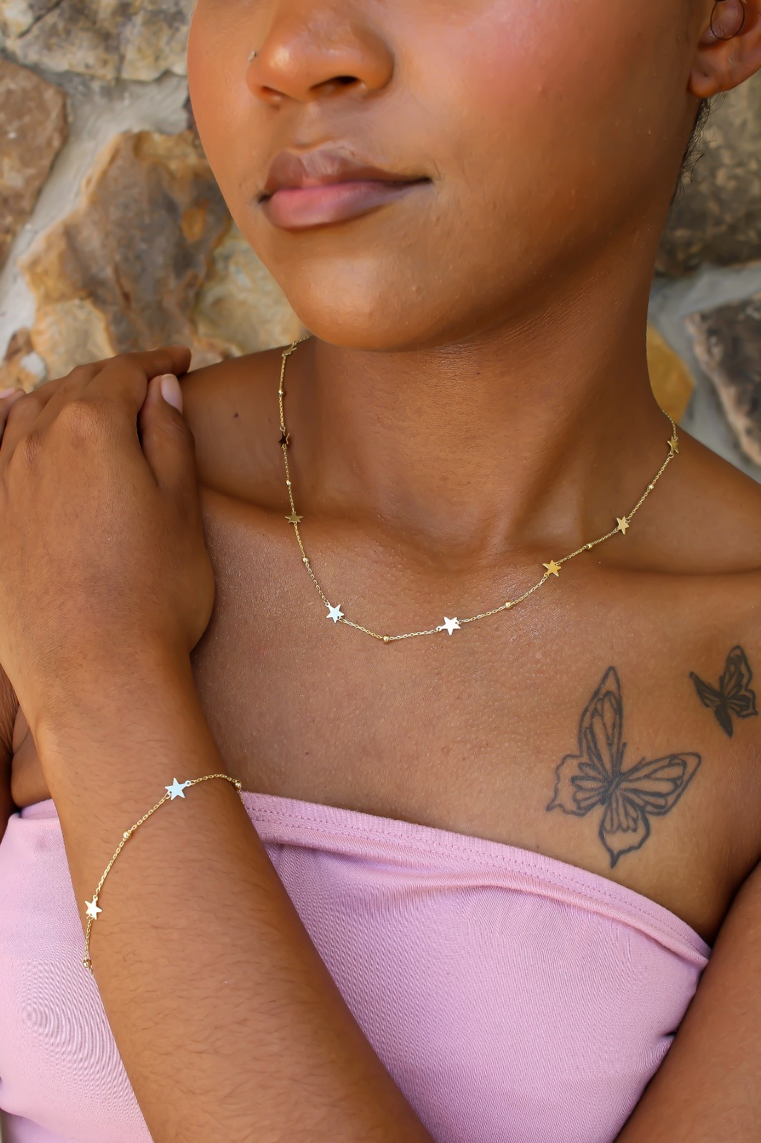 14k Solid Gold Dainty Star Bracelet Adjustable from 7″ to 7.5″ 1mm Cable Chain