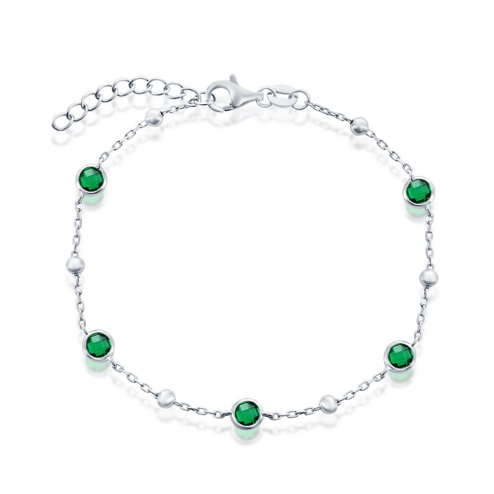 Sterling Silver Sparkling Bezel-Set CZ & Bead Bracelet – Emerald Rhodium Plated