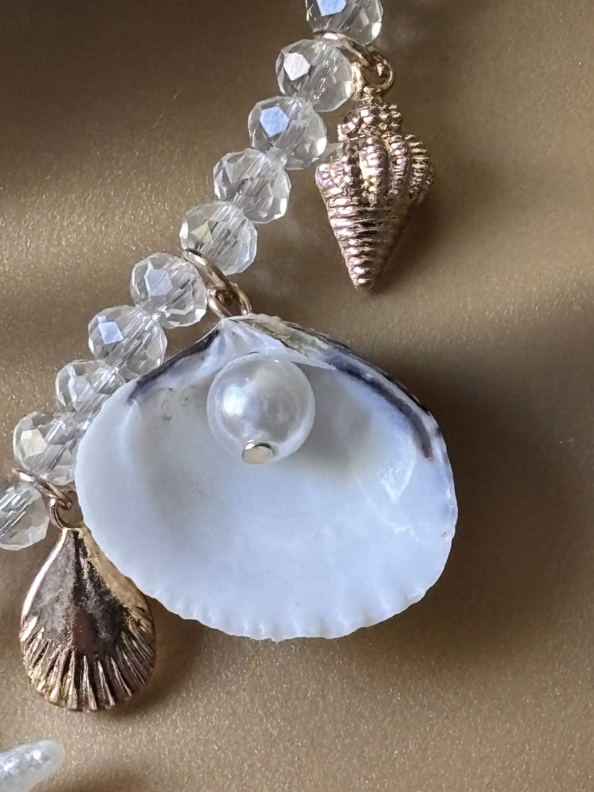Sparkly Clear Beaded Gold Boho Beach Theme Necklace – Shells Starfish Faux Pearl