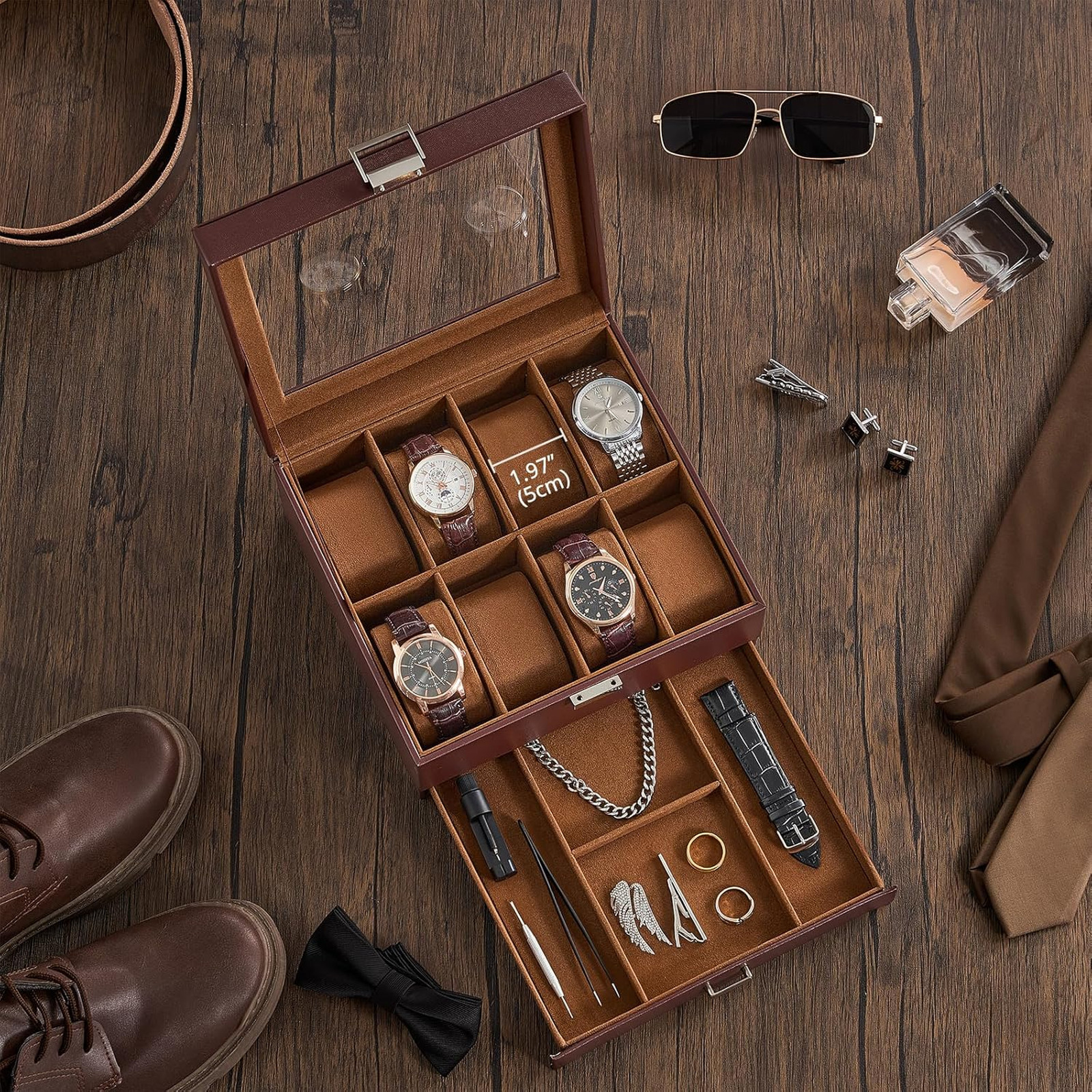 Watch Storage Box with Drawer, 8 Slot Leather Watch Case Organizer for Men