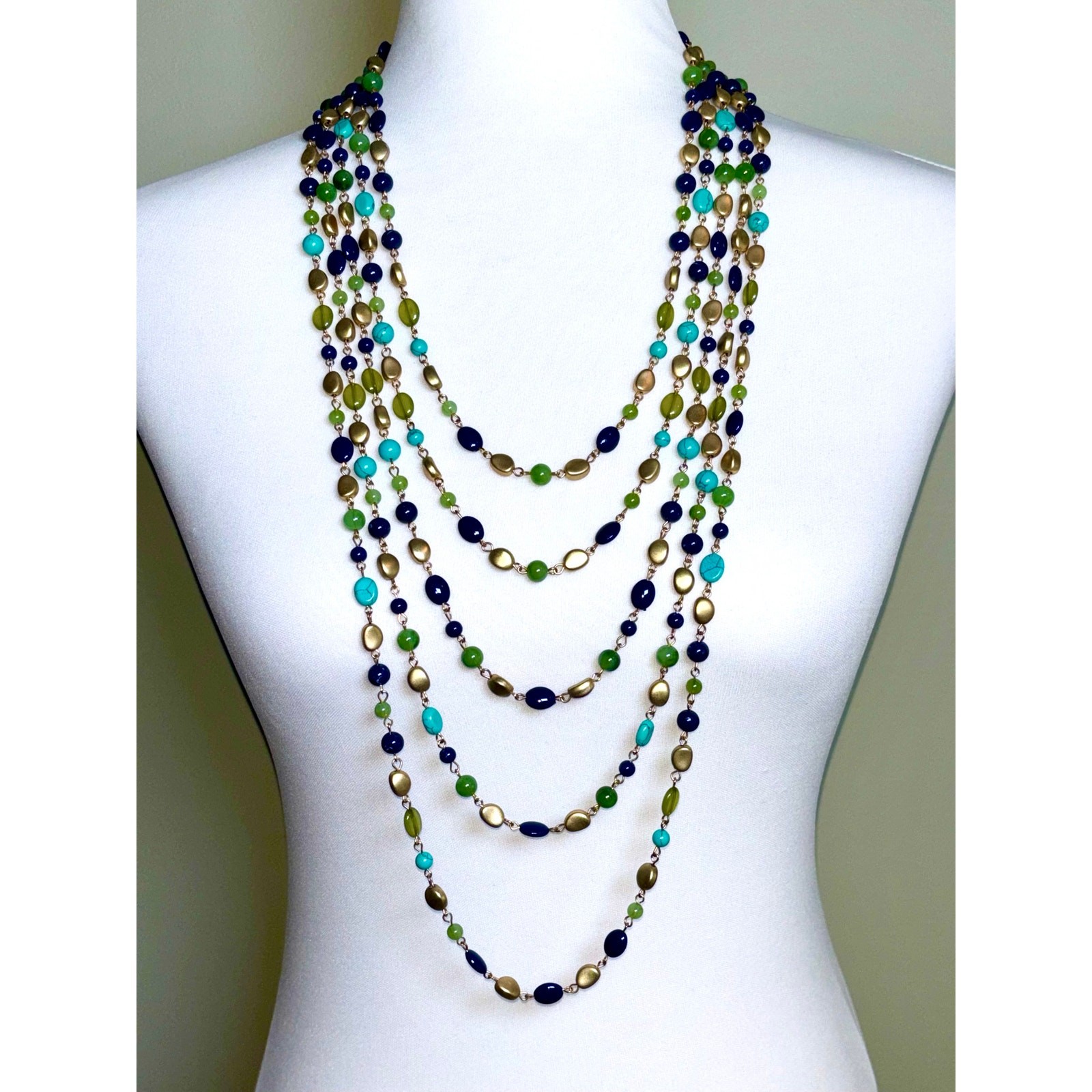 Vintage Multistrand Beaded Statement Necklace – Blue Green Gold