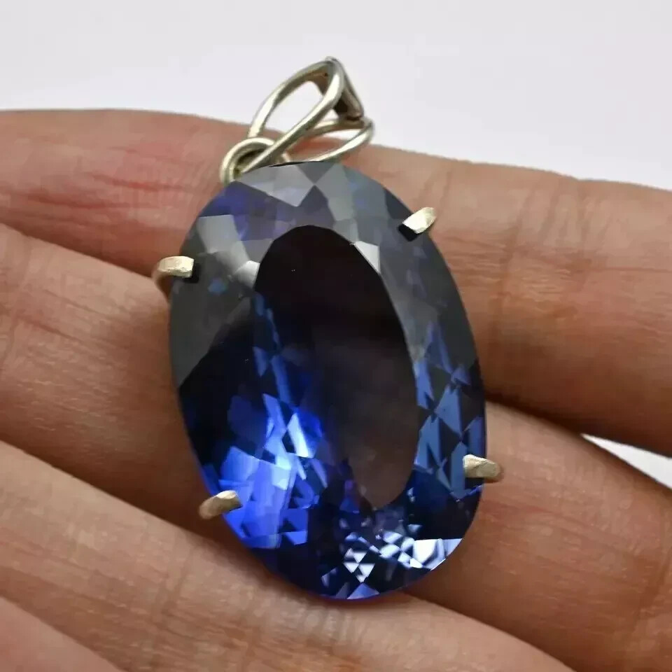 23 Ct Natural Blue Sapphire Certified Oval Cut 925 Solid Silver Pendant Gemstone