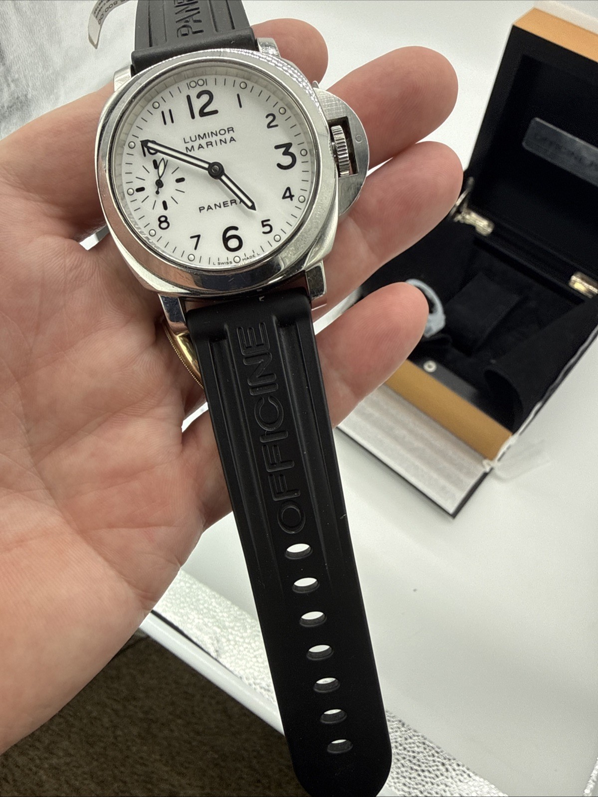 PANERAI 44MM Luminor MARINA PAM00113 OP6567 Box Papers WHITE DIAL Blk Rubber Bnd
