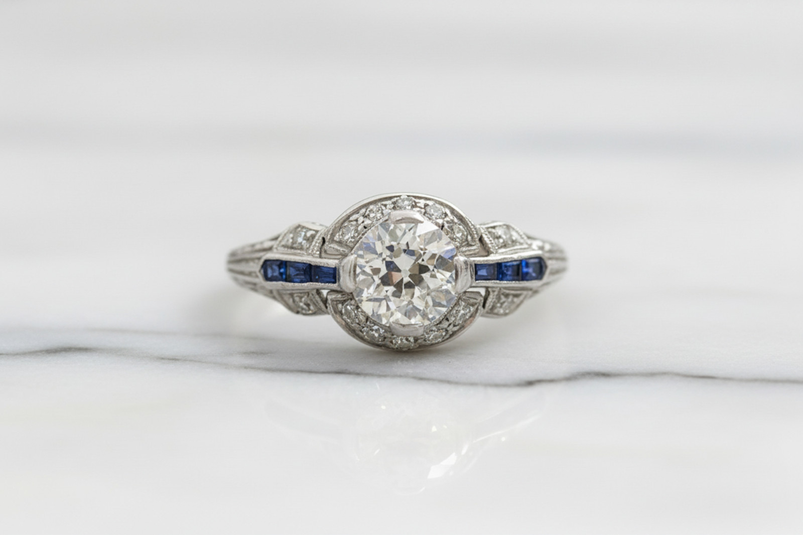 Old European Cut Lab Created Diamond 14K Gold Vintage Style Halo Engagement Ring
