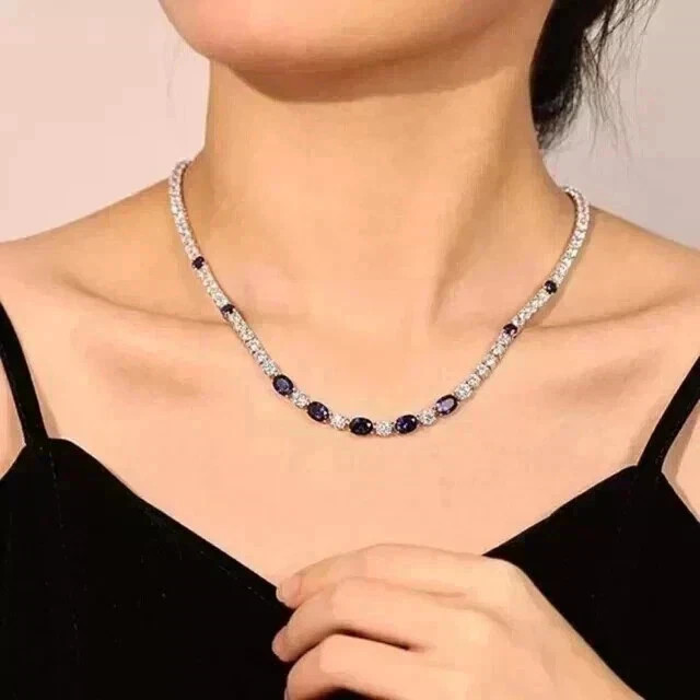 12Ct Oval Cut Lab Created Women’s Tennis Necklace 14k White Gold Finish
