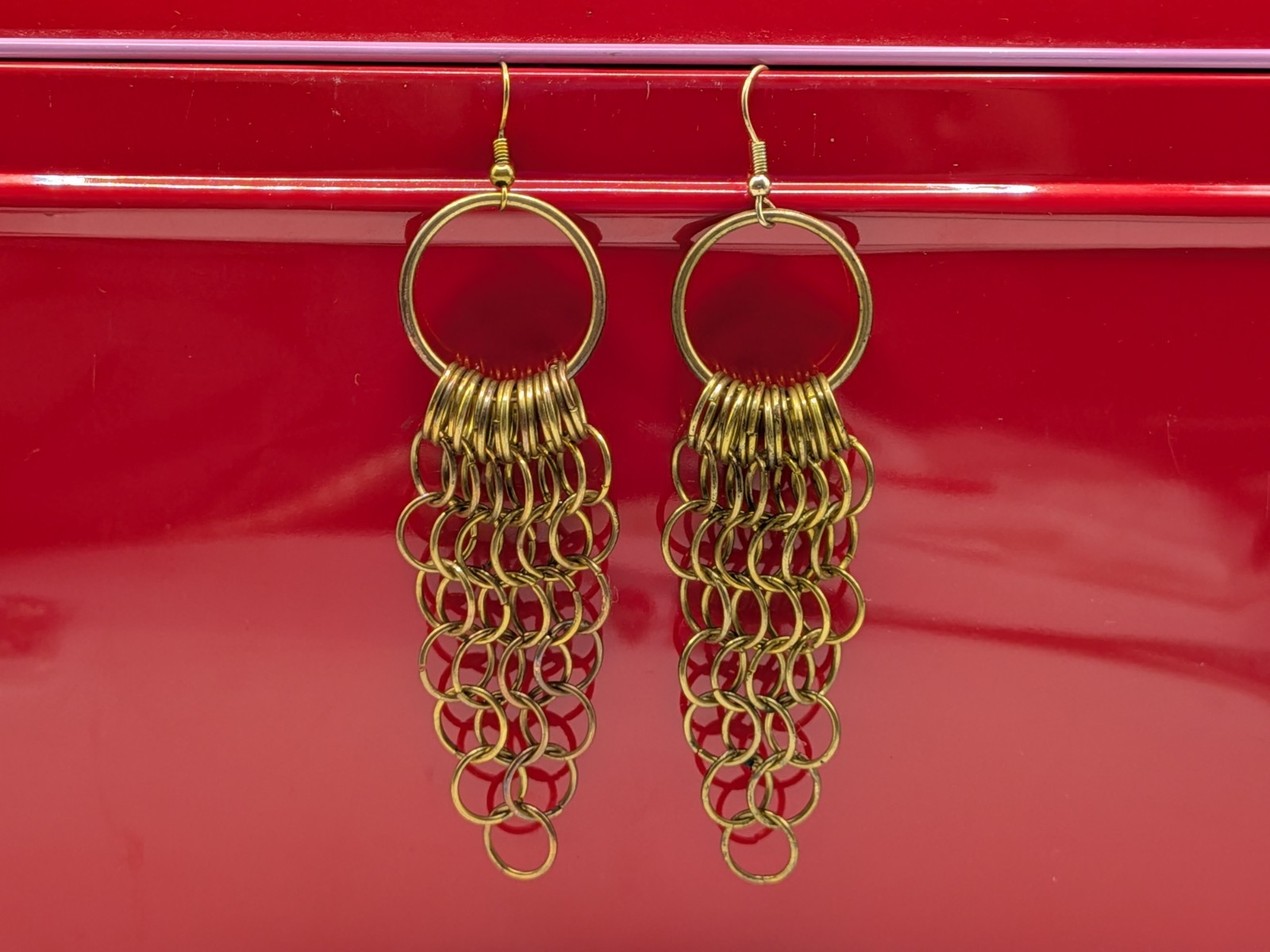 Brass Round Hoop Dangle/Drop Chain Link Chainmail Hook Earrings