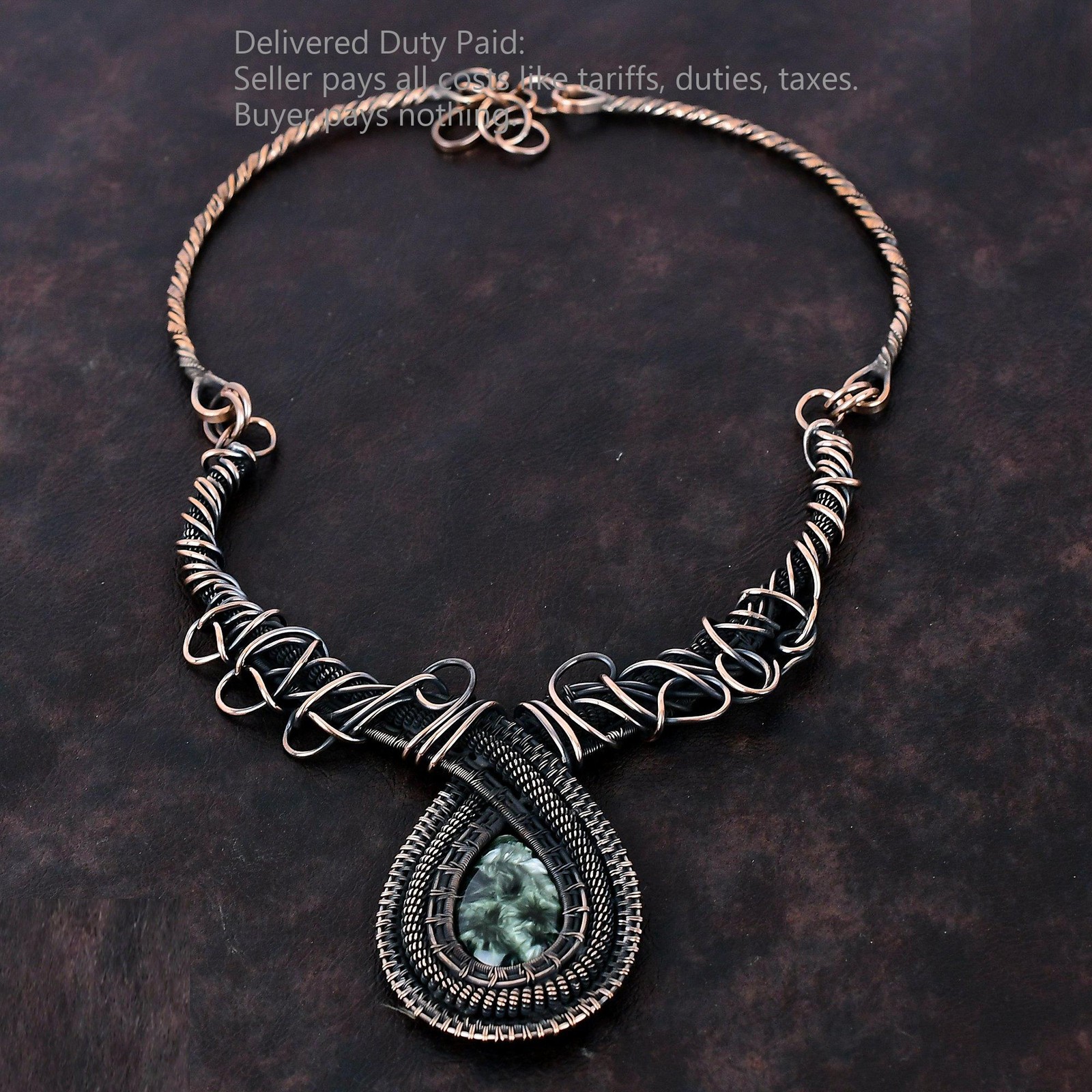 Natural Seraphinite Sister Handmade Wire Wrapped Artisan Chain Necklace Copper
