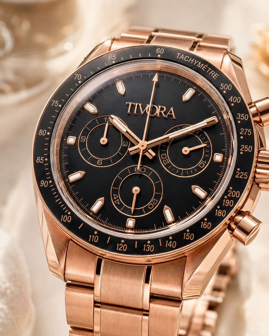 TÍVORÁ Veyron Rose Steel Onyx Dial – Custom Branded Automatic Chronograph Watch