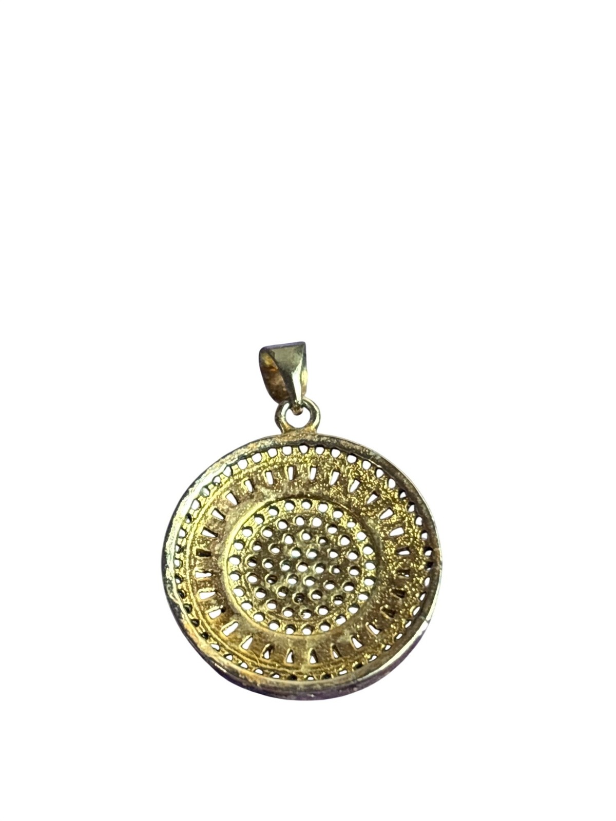 Rhinestone Medallion Pendant Clear Blue Goldtone 0.75 inch