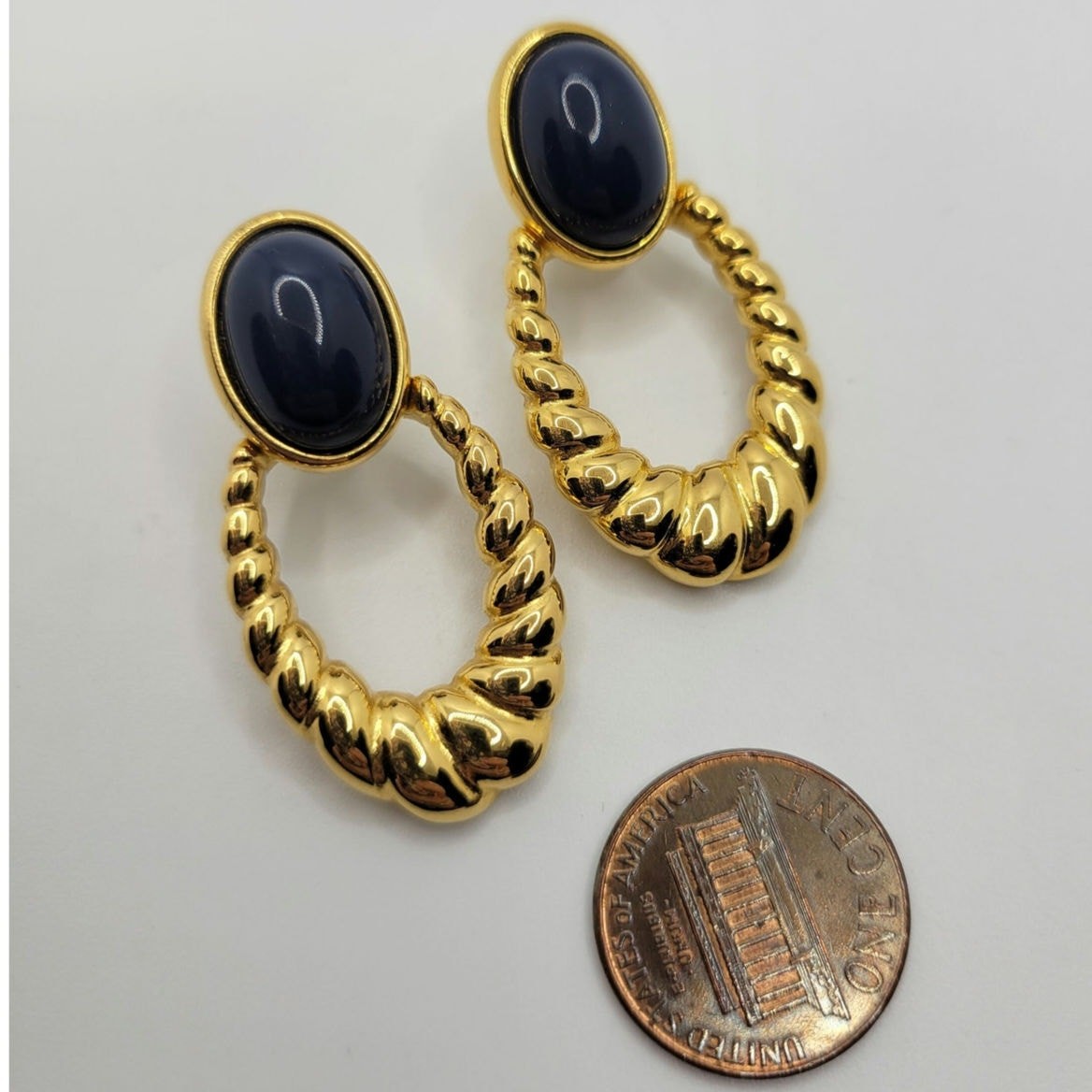 Vintage Signed Monet Door Knocker Earrings Oval Navy Blue Cabochon Goldtone 1990