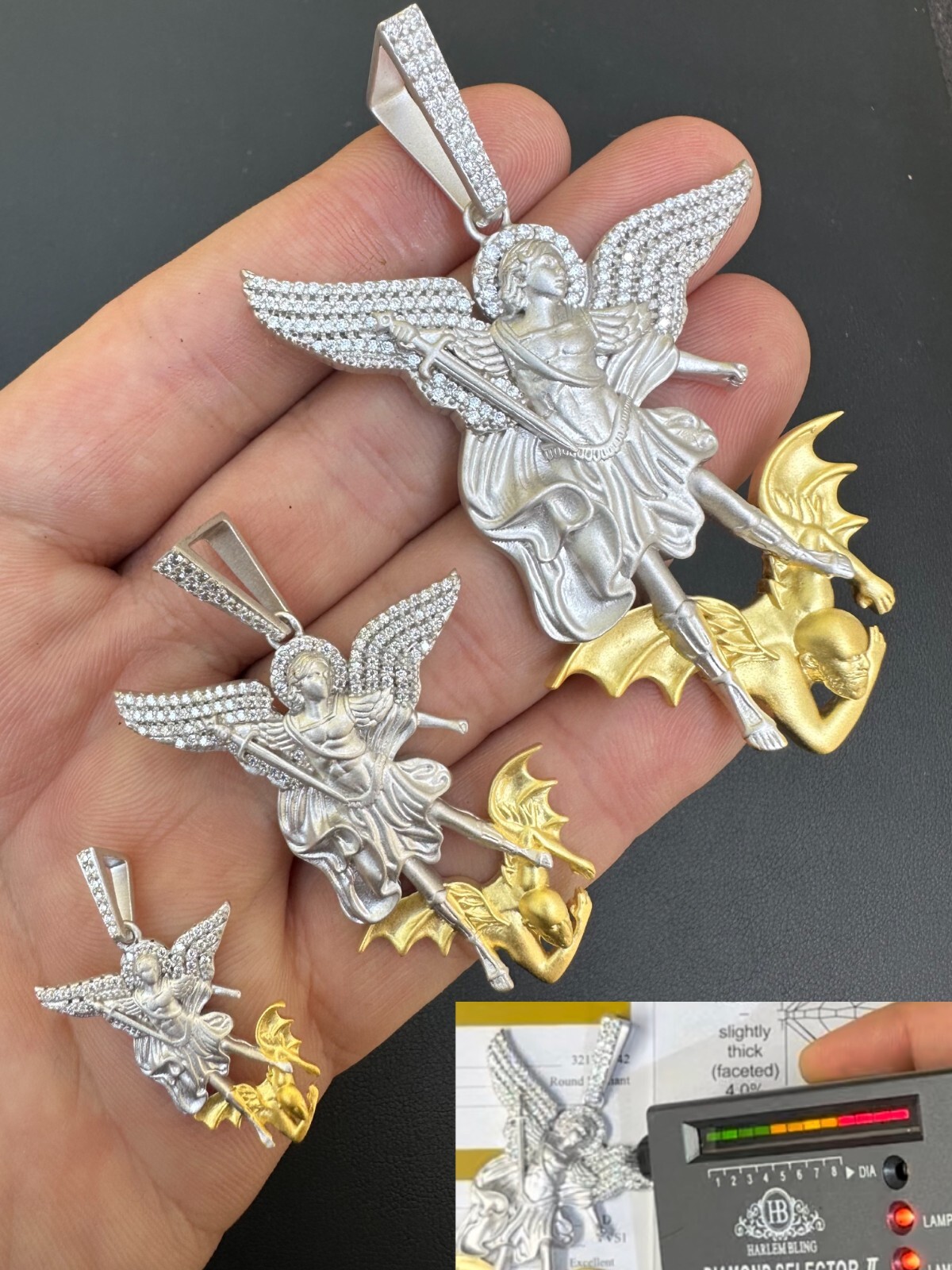 MOISSANITE St Michael Slaying Dragon Pendant 925 Silver & 14k Gold Necklace Iced