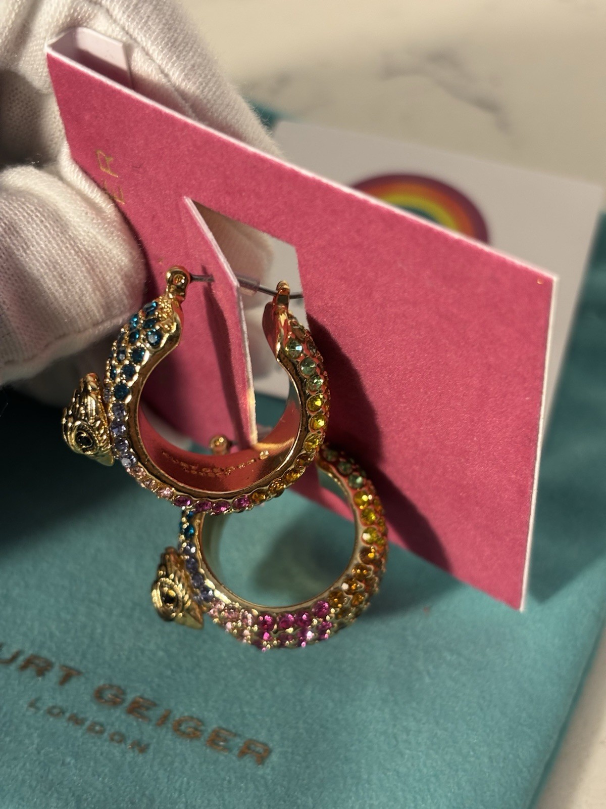 Kurt Geiger London Rainbow Crystal Eagle Hoop Earrings Gold Tone NWT