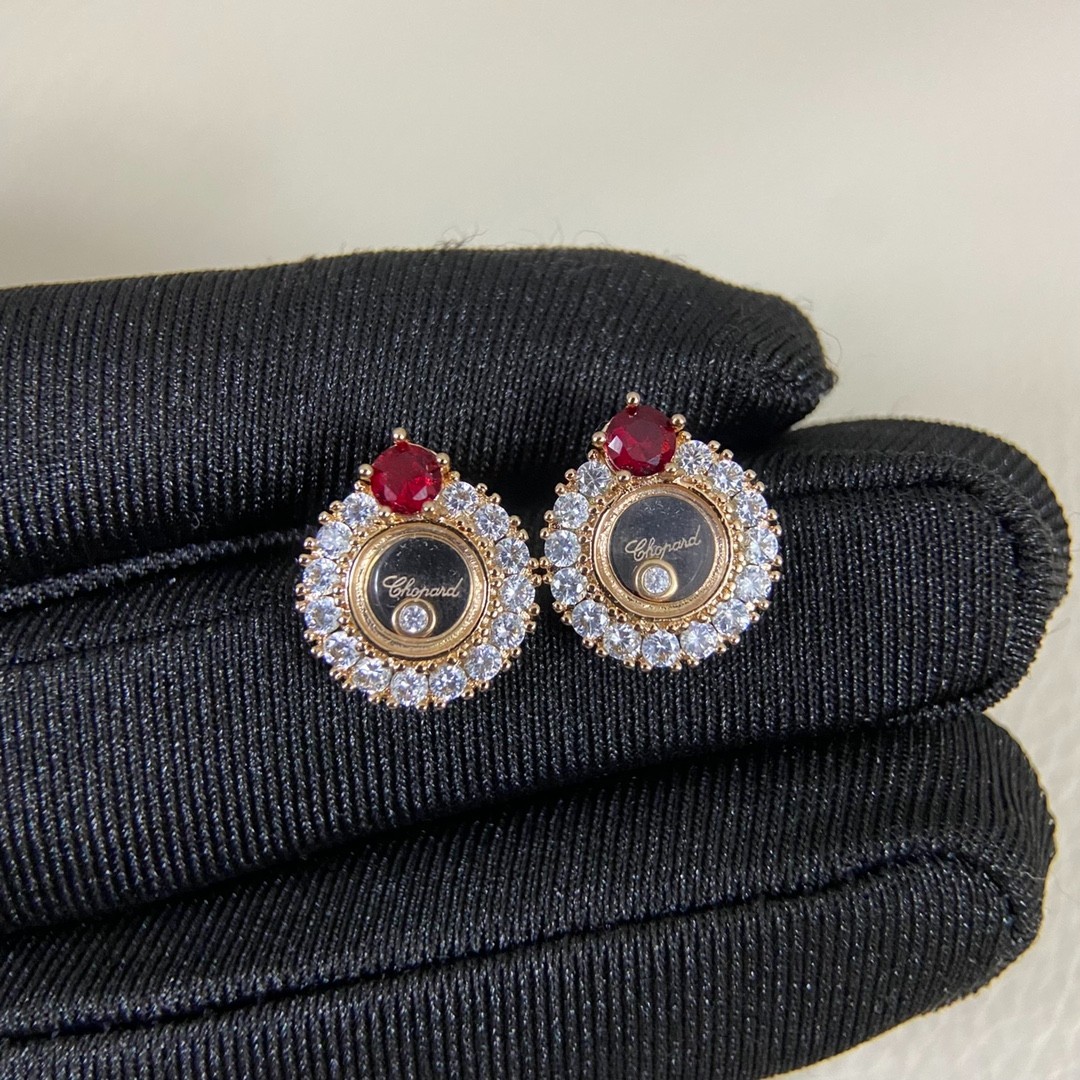 Chopard Happy Diamonds Rose Gold Ruby Moving Diamond Stud Earrings