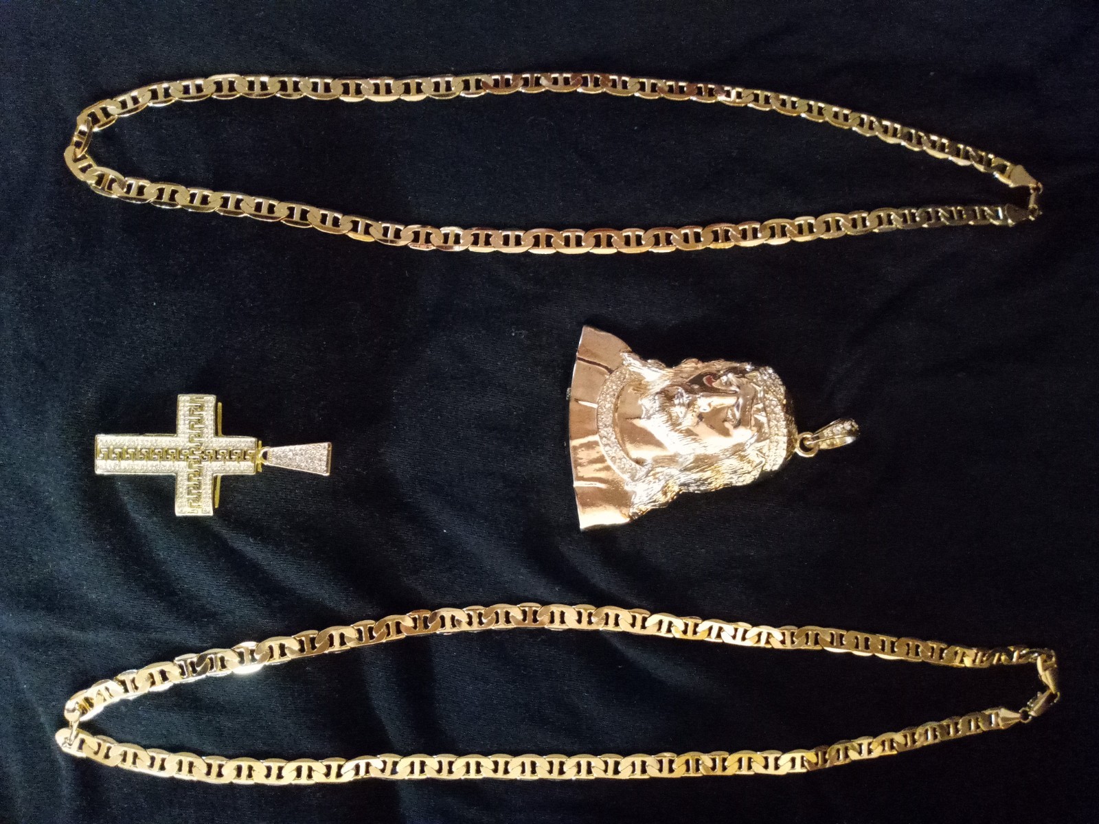 14K Gold Plated Mariner Chains(2) & Hip-hop Jesus Charm and Crucifix Pendant Set