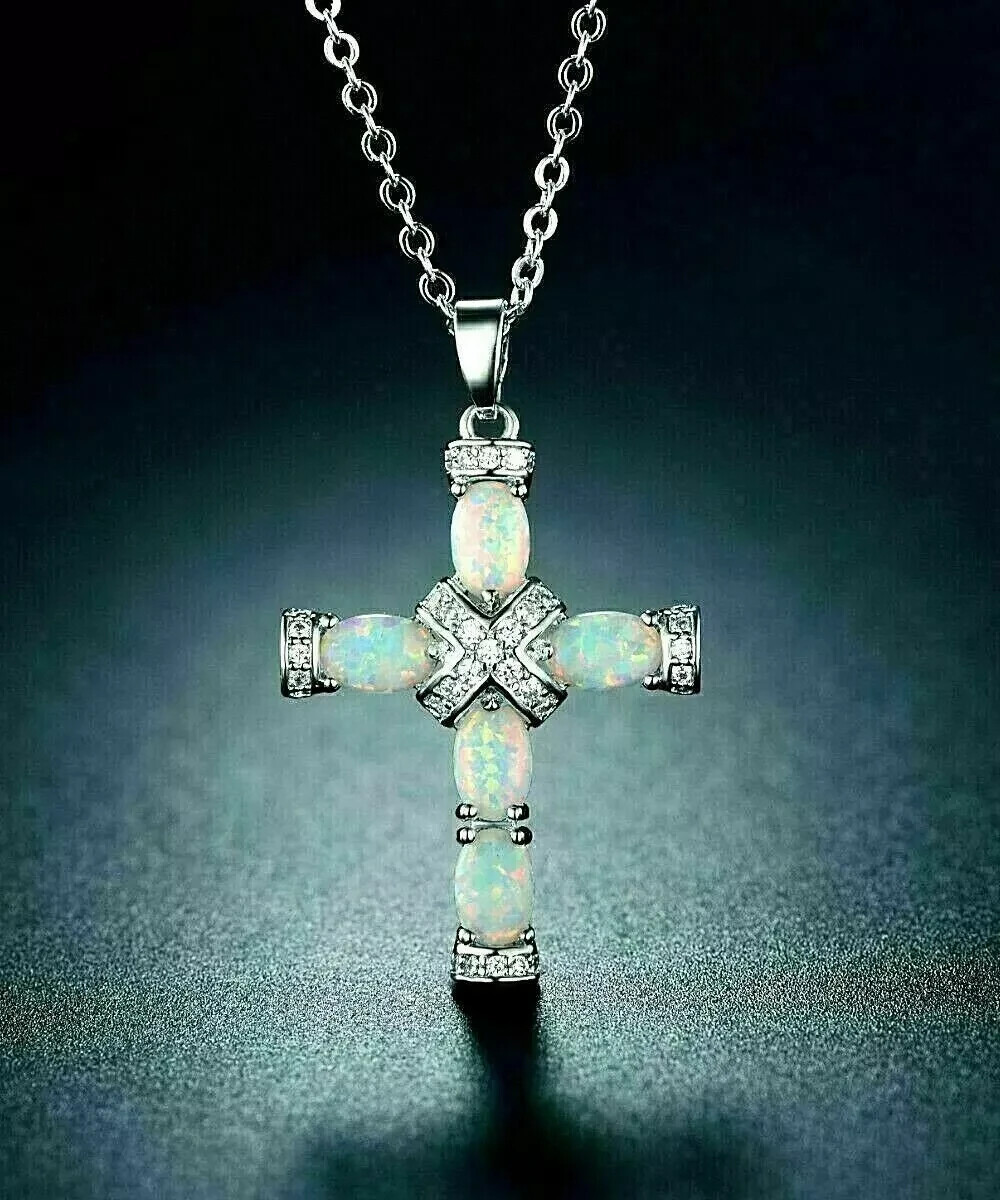 3Ct Oval Cut Fire Opal & Diamond Cross Women’s Pendant 14K White Gold Finish