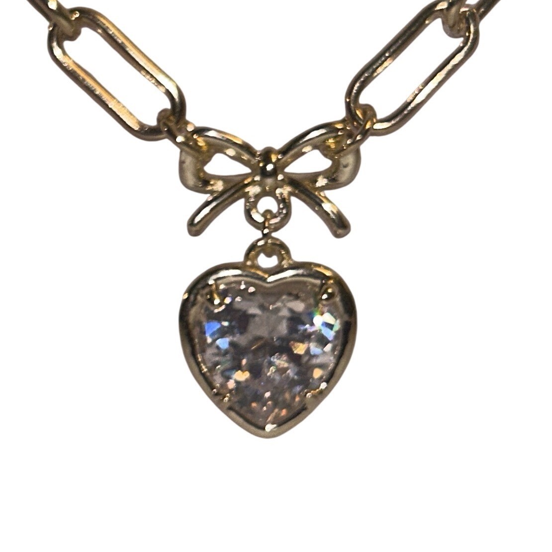 LoveStylize Nora Crystal Heart Necklace Gold Tone Bow Paperclip Chain JC1694