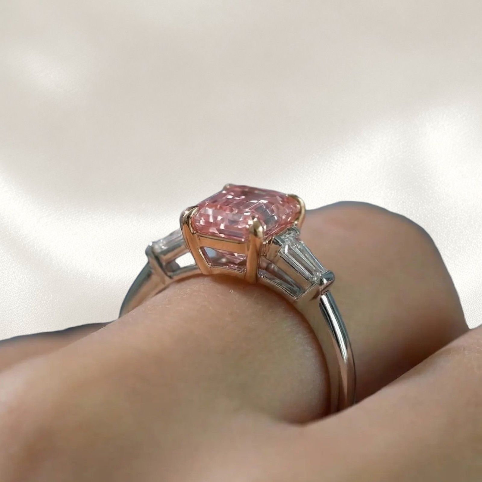IGI Lab Created Diamond Ring 2.30 CT Emerald Cut Fancy Vivid Pink 14K Multi Gold