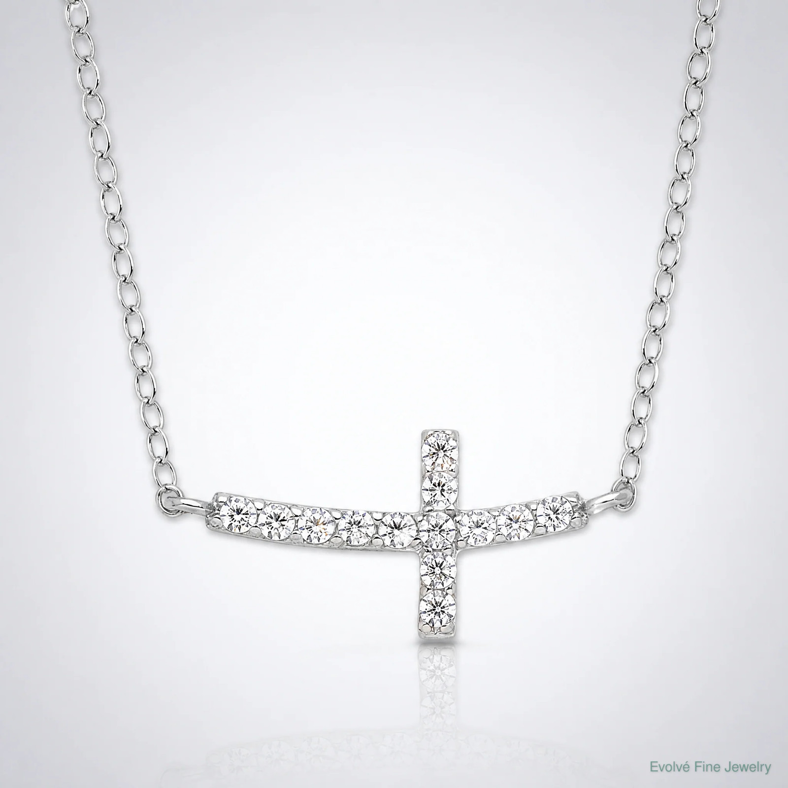 Sterling Silver Rhodium-Plated CZ Sideways Cross With 2in Ext Necklace