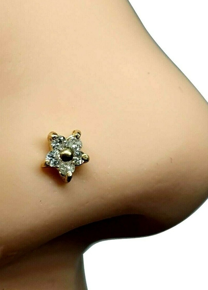 Gold Nose Stud Diamond Cluster Flower 14k Gold Genuine 20g (0.8mm) Curl Screw