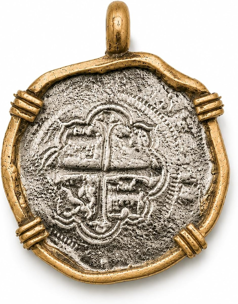 Atocha Shipwreck Replica Necklace Pendant Coin, Antique Silver Finish with Gold-