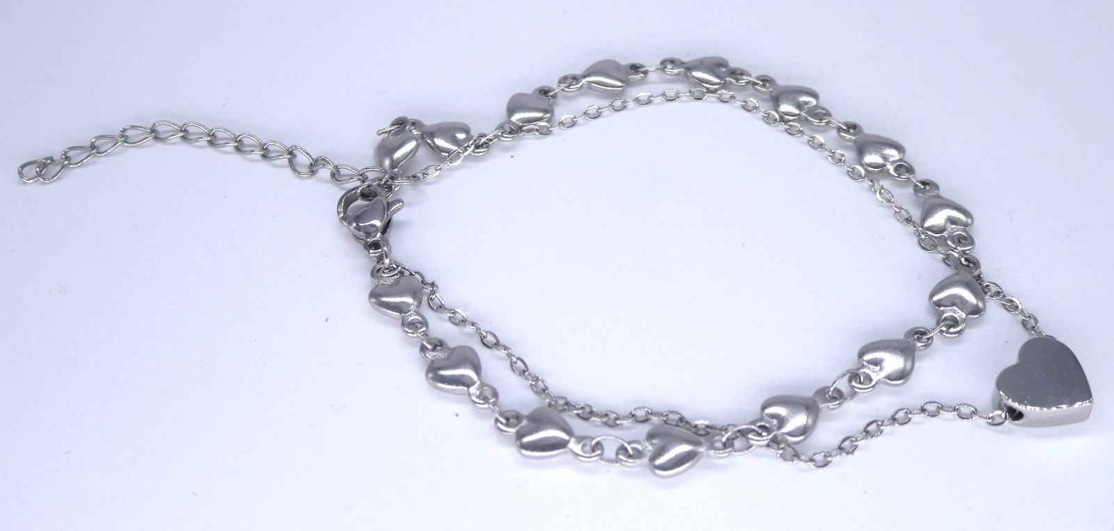 Silver Tone Double Layer Heart Bracelet Elegant Pretty Dainty Chain